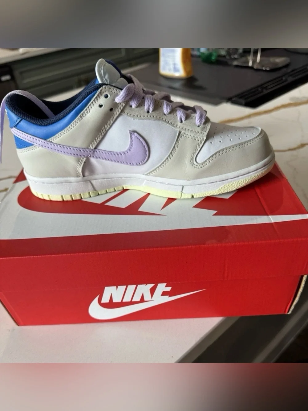 Nike Dunk Low, Tan/Purple/White, Size 6Y